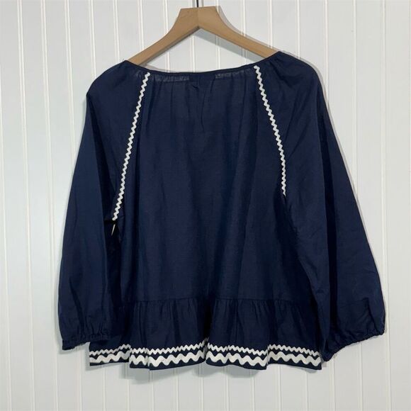J.Crew Linen Cotton Peasant Top L Boho Navy Blue Embroidered Ruffle Hem Tassel - Picture 3 of 7